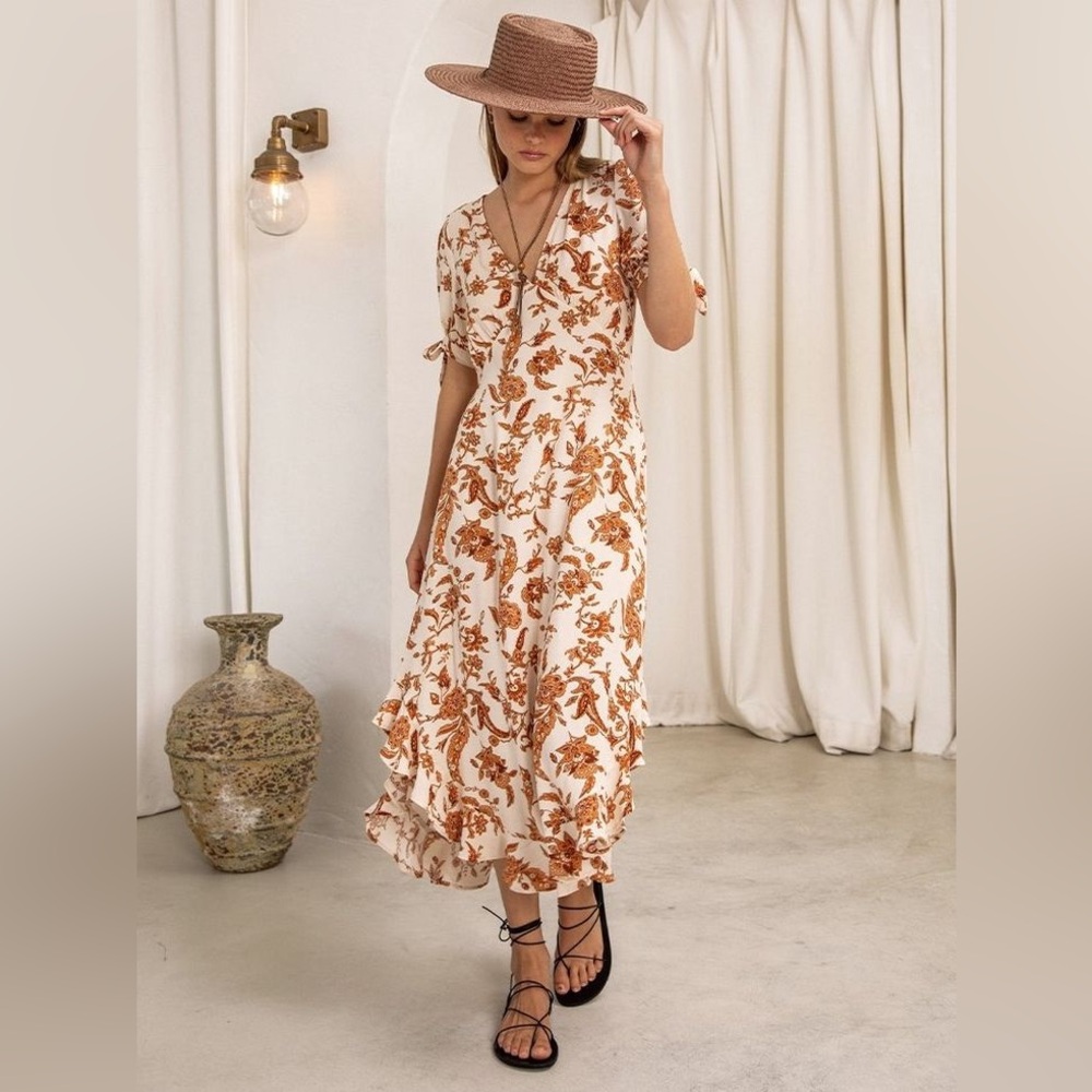 Kivari “Ophelia” V-Neck Midi Dress in Russett Floral, Size M